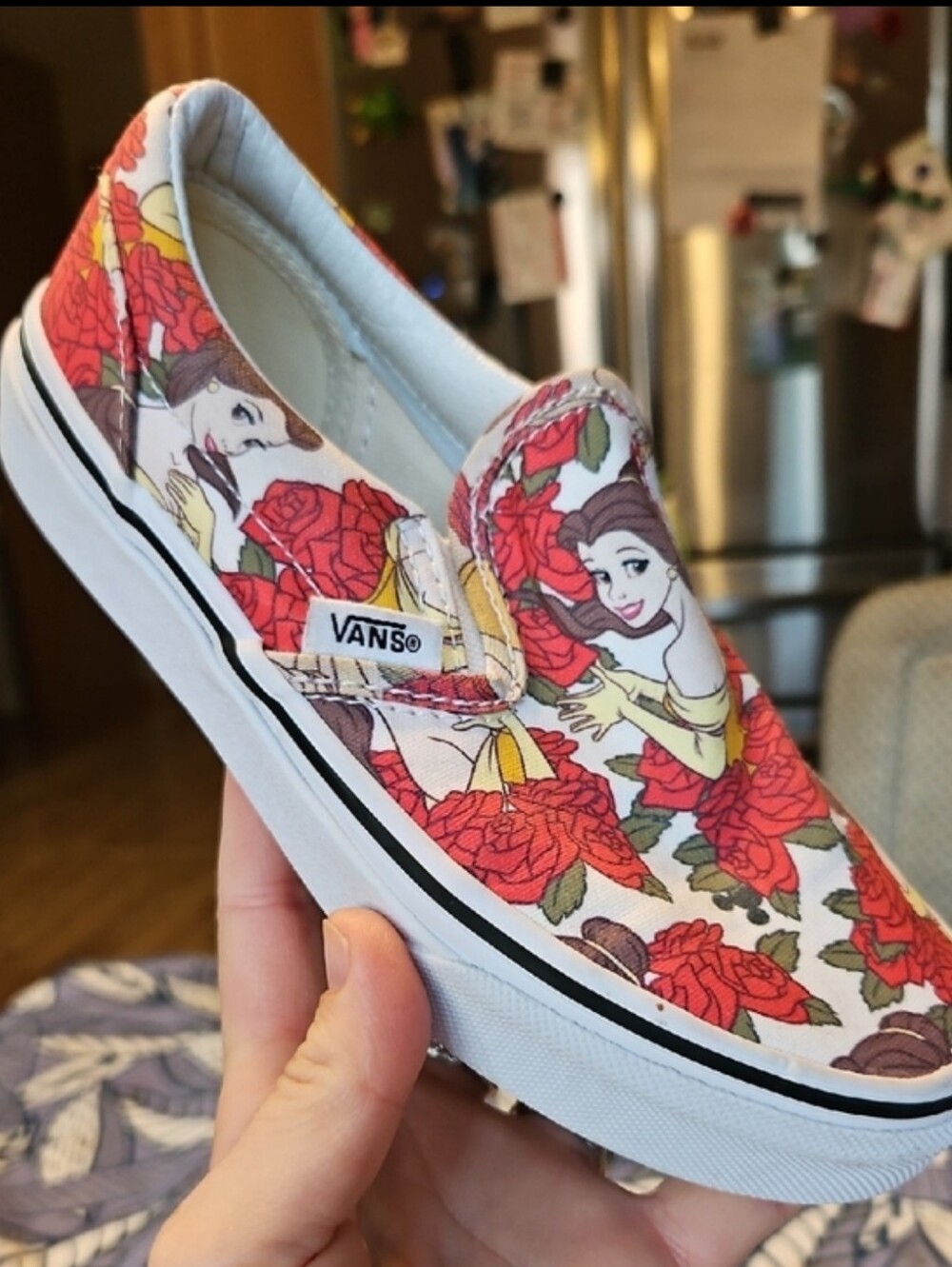 Vans Slip-On Sneakers with Belle and Red Rose Print. Girls Sz: 1 Youth